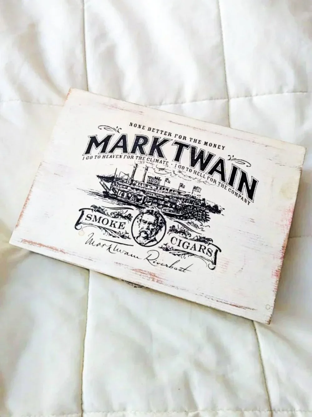 Mark Twain Riverboat Empty Cedar Wood Cigar Box White Cream Cottagecore Decor